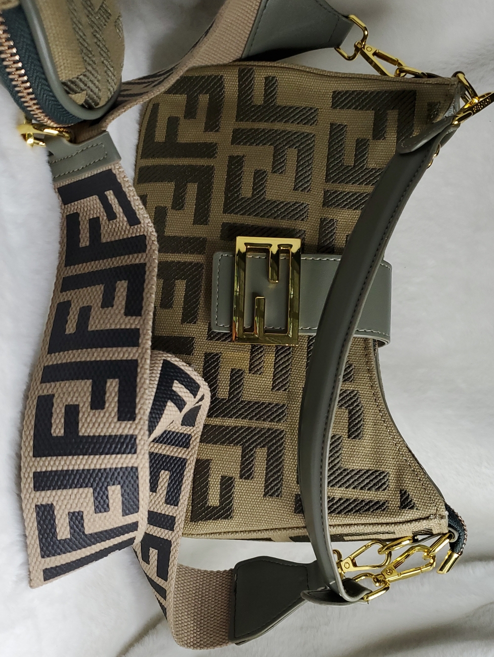 Beige & Brown Monogram Canvas Messenger Bag with Gray Strap - Picture 4 of 16